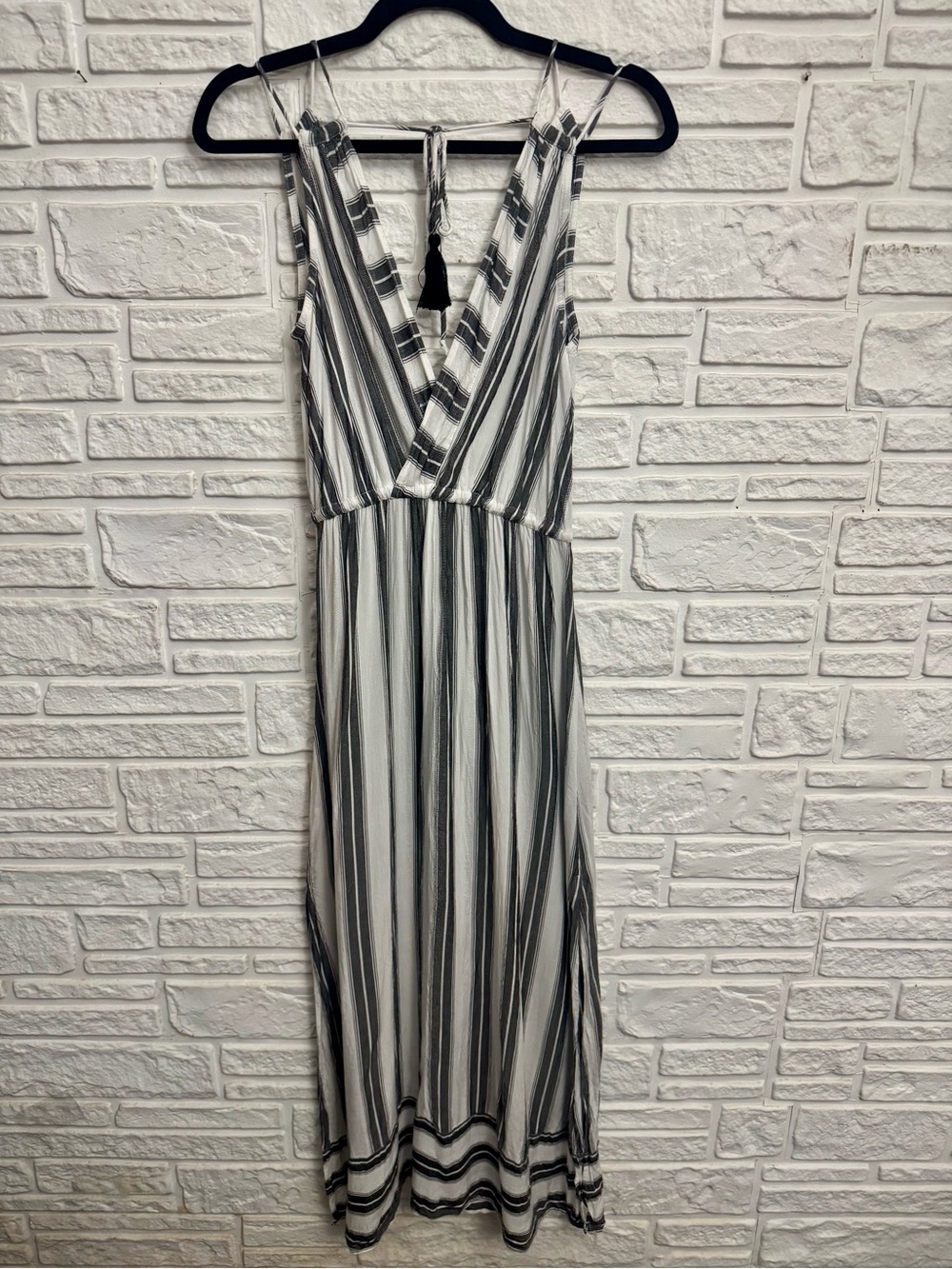 Blue Island Striped Maxi Dress Cover Up Boho V Neck Tassel XS